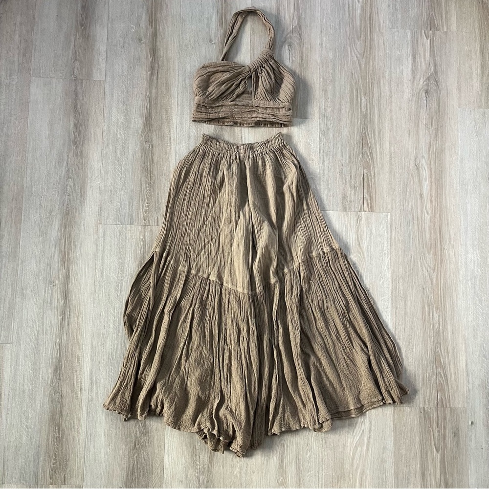 D'Artemide Greece 100% Cotton Boho Two Piece Pant Set Light Brown - Picture 2 of 6